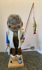 Vtg STEINBACH NUTCRACKER WINTER FISHERMAN FUR HAT FISH & FISHING ROD POLE Angler