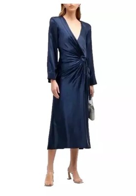 NEW Cinq à Sept Women s Serena Silk Wrap Long Sleeve Midi Dress Size 6 Navy Blue