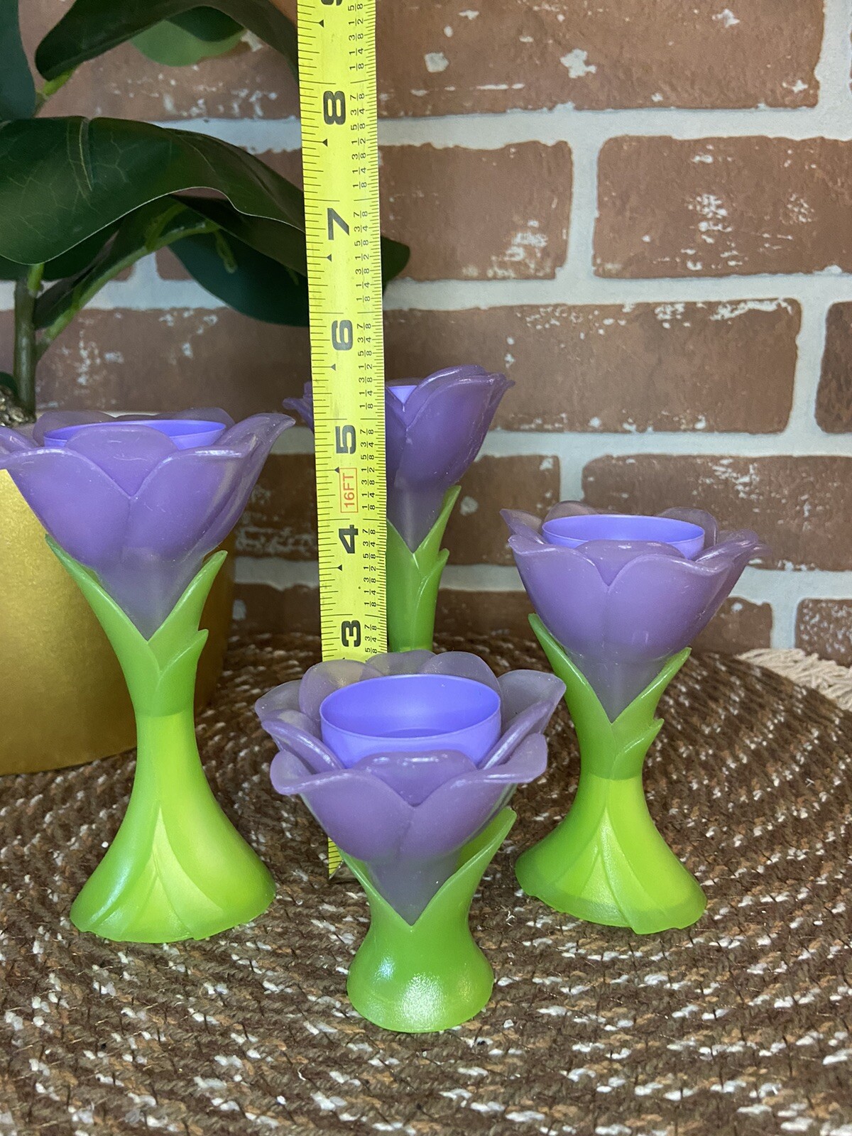 Purple & Green Tulip Flowers Kitschy Colorful Set 4 Floral Votive Candle Holders