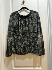 Lucky Brand Long Sleeves Green Floral Front Tie Boho Style Top Large
