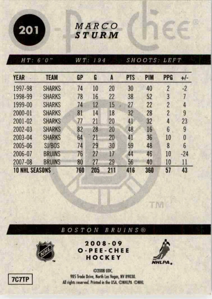 2008-09 O-Pee-Chee Marco Sturm #201 - Image 2 of 2