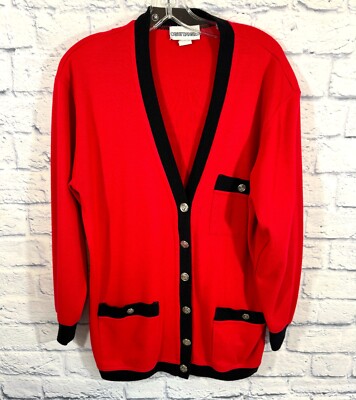 Vtg Cathy Daniels Women's Medium Cardigan Sweater Red/Black V-Neck Button