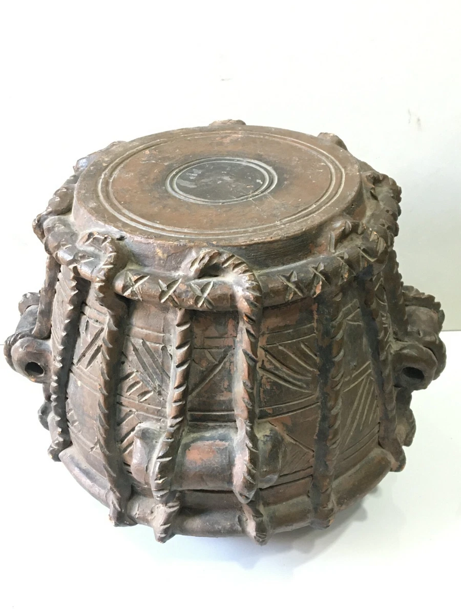 Old Primitive Handmade Indian Musical Tabla Instrument Terracotta Figure Statue