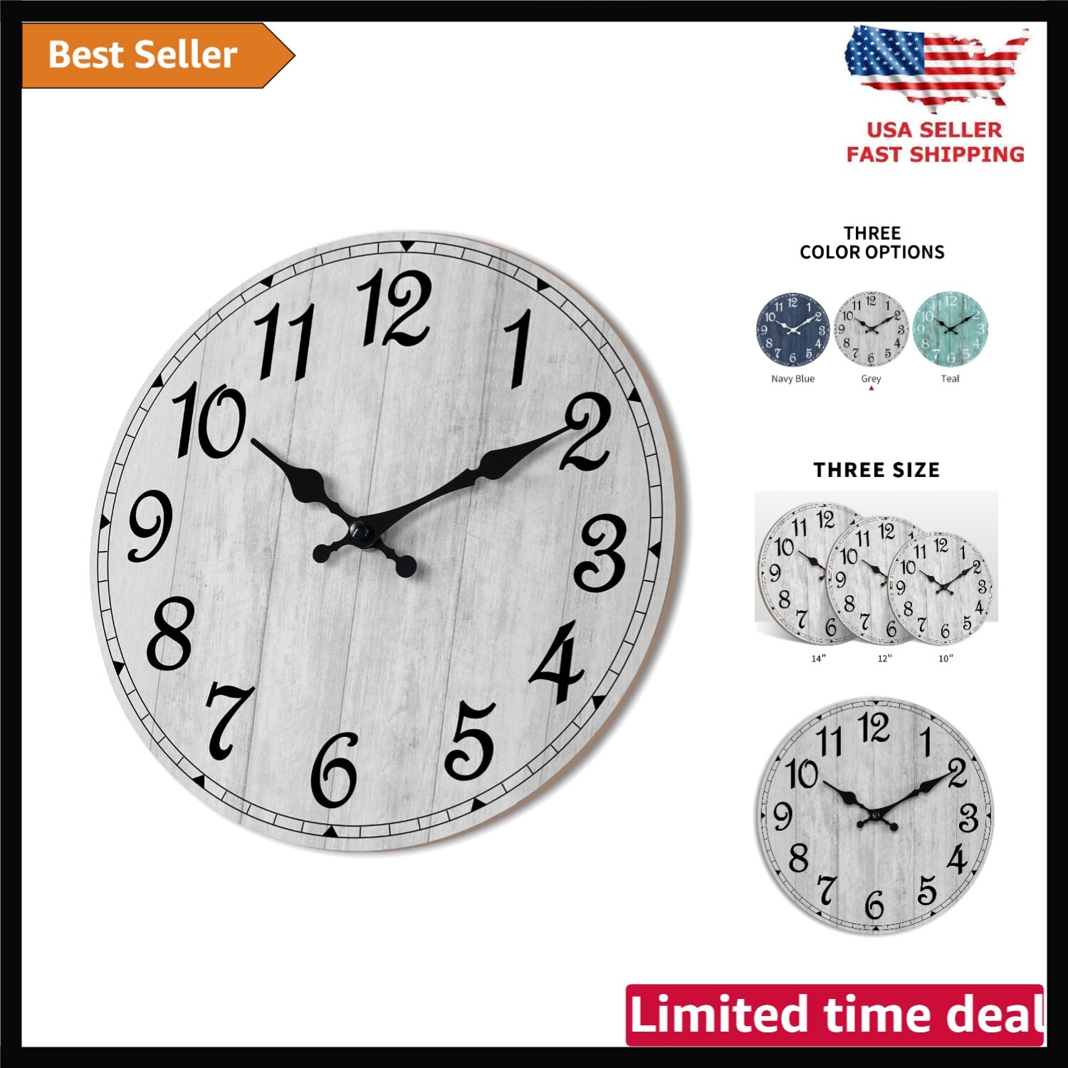 Wall Clock 14 Inch, Gray Wall Clocks Battery Operated Silent Non Ticking, Vin...-image