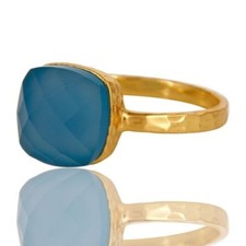 Natural Blue Chalcedony Gemstone Ring 14KGold Plated 925 Sterling Silver Jewelry