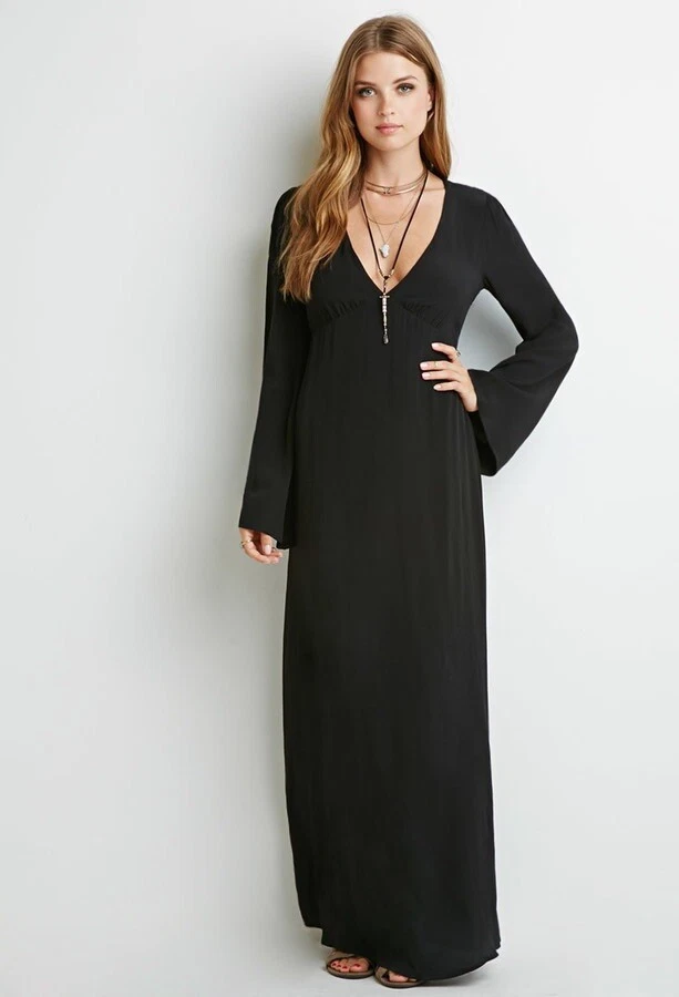 Forever 21 Crochet Lace Back Long Sleeve Black Maxi Dress Formal Large |  eBay