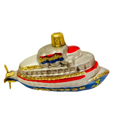 Glass 3 Stack Steamship Boat Christmas Ornament Steamer with Propeller VTG 1990s