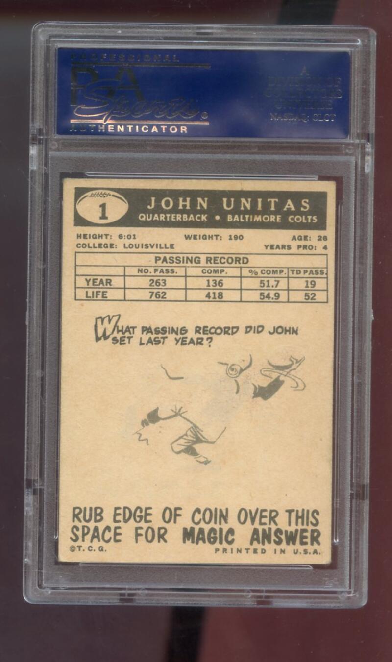 1959 Topps #1 Johnny Unitas John Unitas PSA 5 Graded Football Card NFL Colts view 2