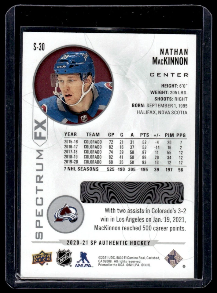2020-21 SP Authentic Spectrum FX Nathan MacKinnon Colorado Avalanche #S-30 - Image 2 of 2