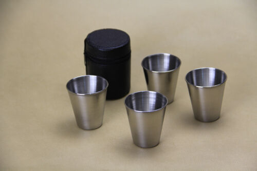 4Pc Portable Stainles Steel Shot Glass Cup Drinking Mug + PU Leather Cover Case - Picture 1 of 6