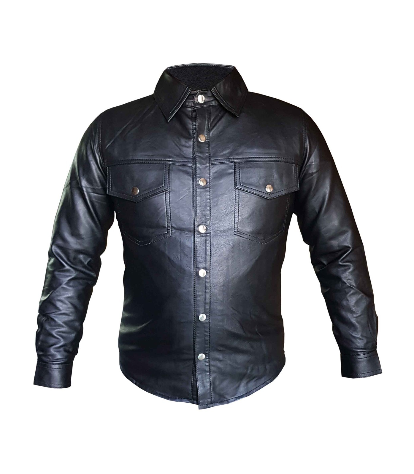 Camisas de cuero acolchadas estilo uniforme imitación cuero negras para hombre