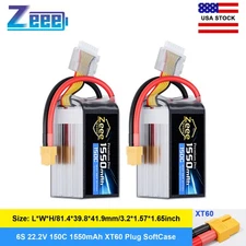 2x Zeee 6S 1550mAh XT60 Lipo Battery 22.2V 150C Ultra-Low Internal Resistance