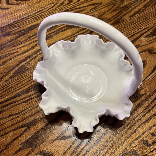 1960 Vintage Fenton Hobnail White Milk Glass Basket With Handle 7.5” excellent!