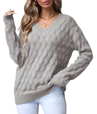 Women's V-Neck Eyelet Sweater, Long Sleeve, Knit P8Q38251