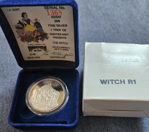 1987 Walt Disney Snow White The Witch 1oz .999 Fine Silver Round w/ Box COA