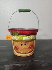 Happy Holidays Tin Gingerbread Man Treat Bucket Pail Painted Christmas