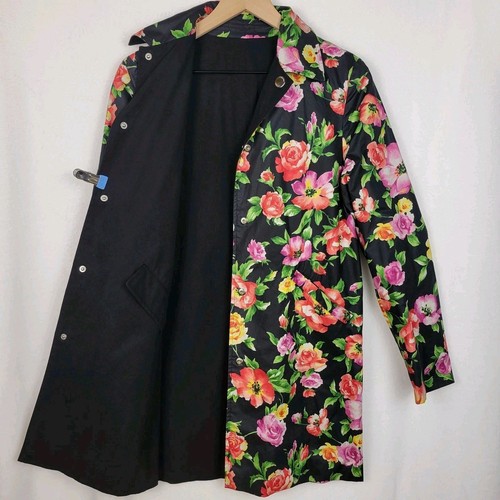 Jones New York Reversible Trench Coat Rain Jacket Black Floral Womens Petite PP