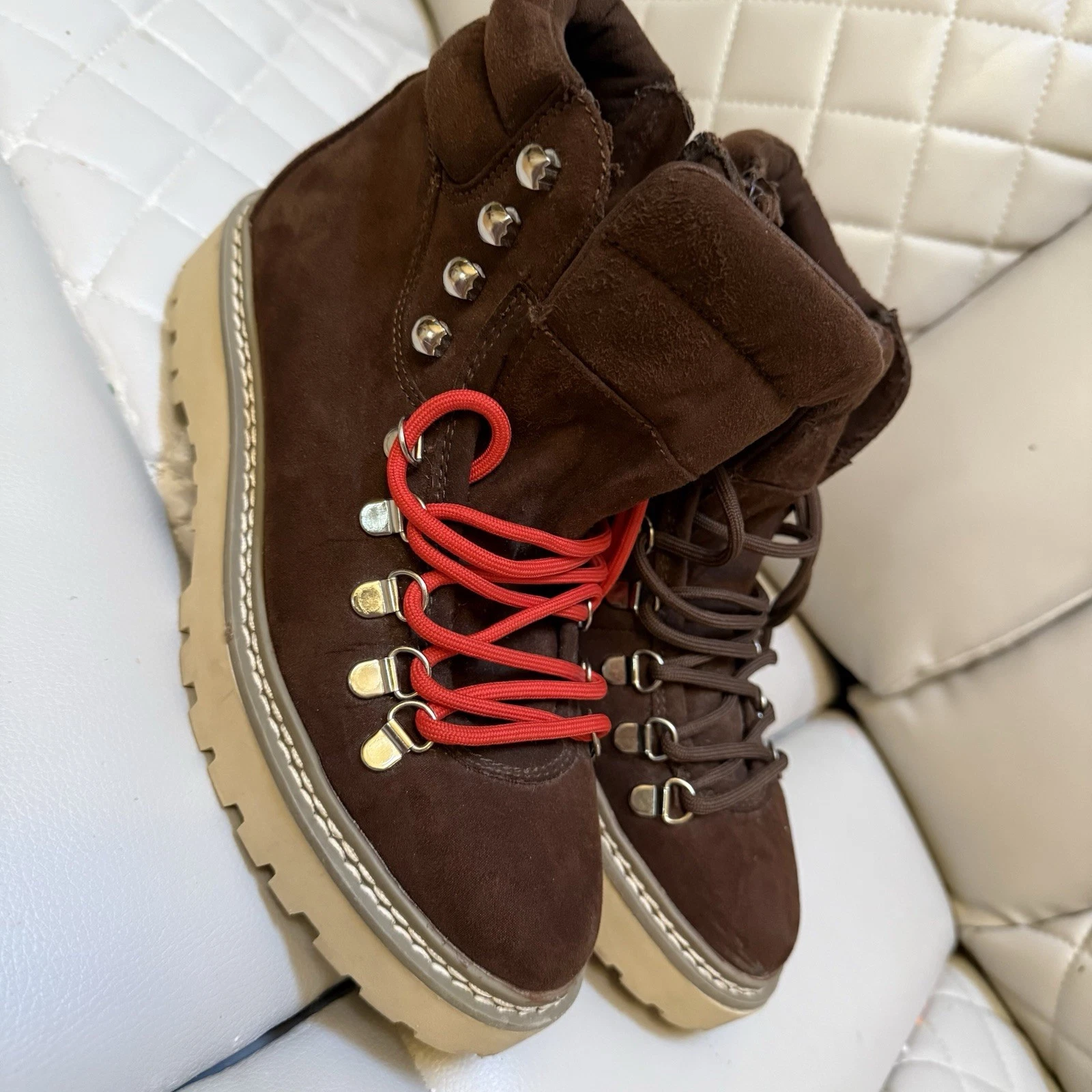 Men's Brown Suede Hiking Boots, Red Contrast Laces, Metal Eyelets, Ankle Style