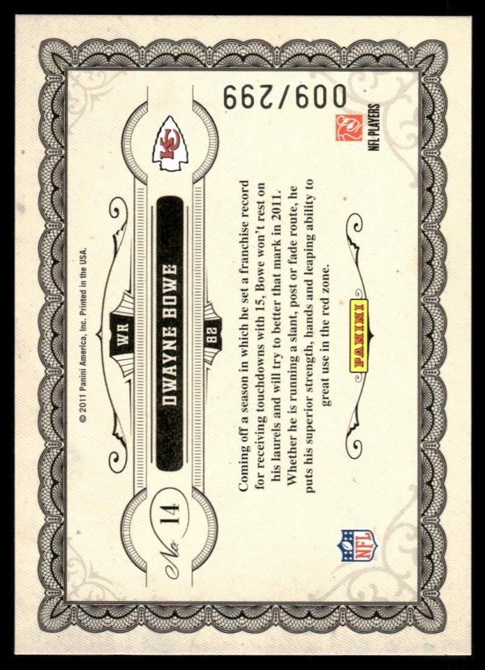 2011 Panini Gold Standard - Gold Leaf Stars Dwayne Bowe #14 /299 - Image 2 of 2