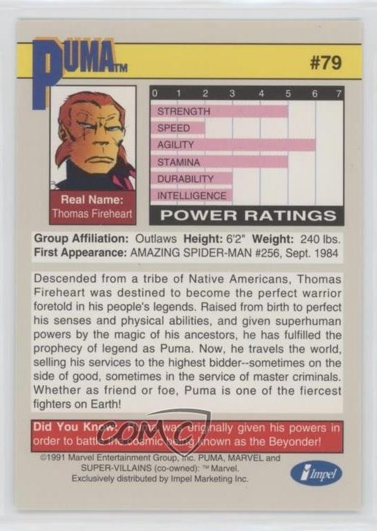 1991 Impel Marvel Universe Series II Super-Villains Puma #79 4et thumbnail 2