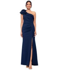 MSRP $259 XSCAPE Size 10 Women's Flower-Trim One-Shoulder Side-Slit Gown Midnig