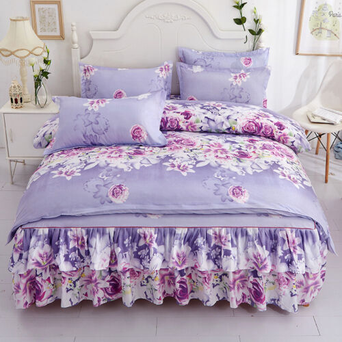 Retro Floral Printed Ruffled Elastic Bed Skirt Bedspread +Pillowcases Queen King - Picture 9 of 22