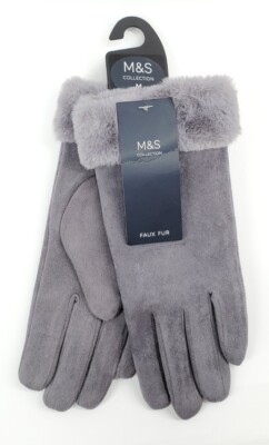 Mark's and Spencer Collection Faux Fur Womens Gray Winter Gloves Size Medium 