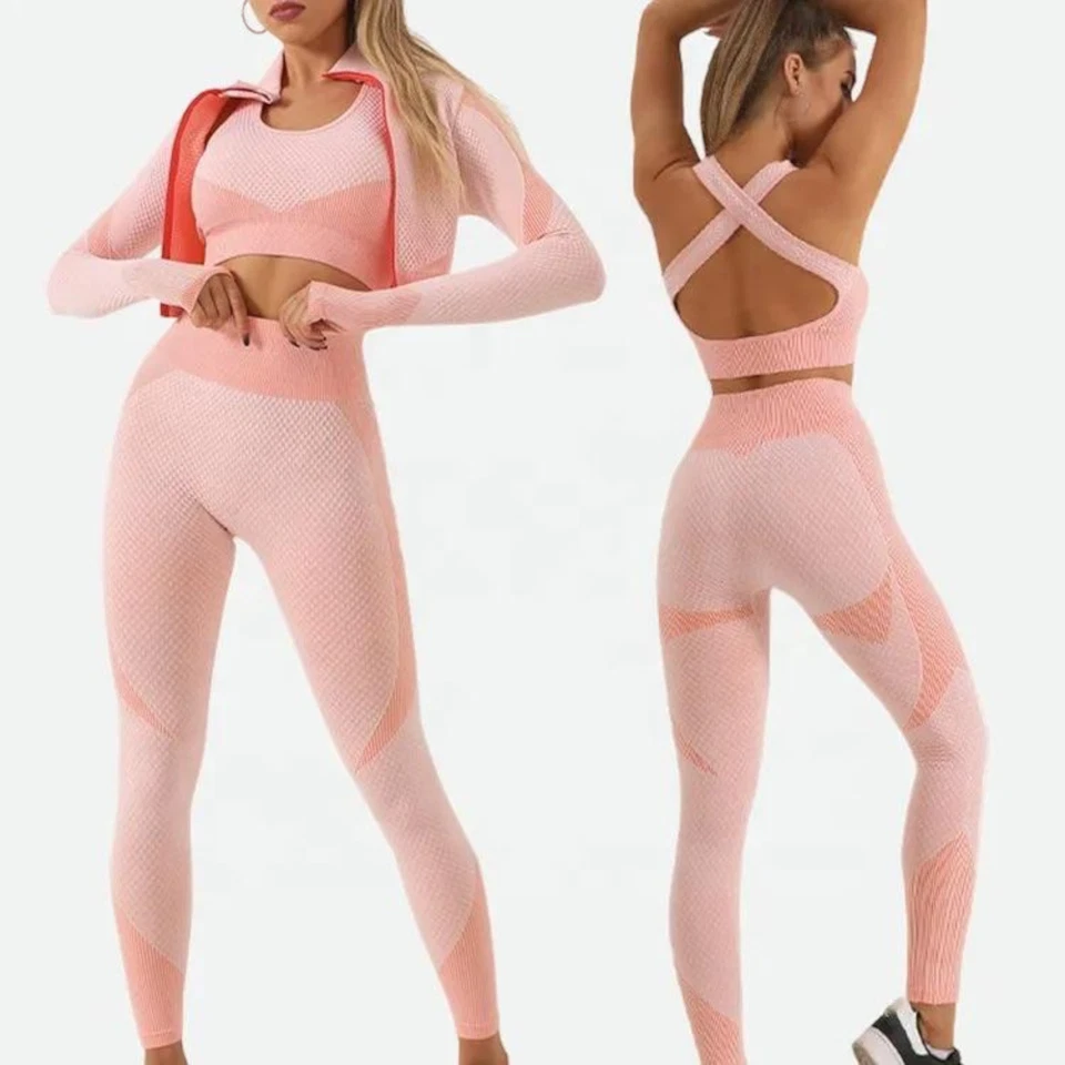 Conjunto de ioga feminino sem costura treino roupas esportivas roupas de ginástica fitness manga longa top - Imagem 2 de 4