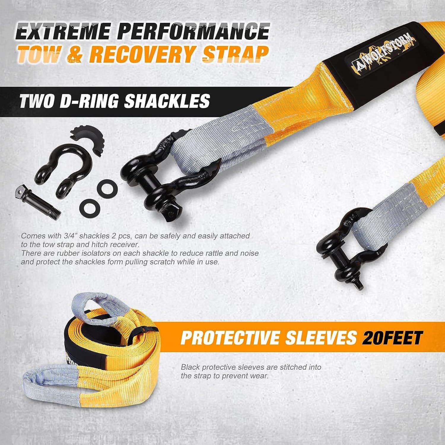 Recovery Tow Strap 4''x20'+ 3/4'' D Ring Shackles Emergency Off Road