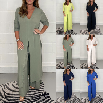 Summer 2Pcs Ladies V Neck Suit Long Split Dress Tops+Trousers Co Ord Set Outfits