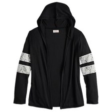 Girls 7-16 SO Lace-Stripe Hooded Black Cardigan: size 12