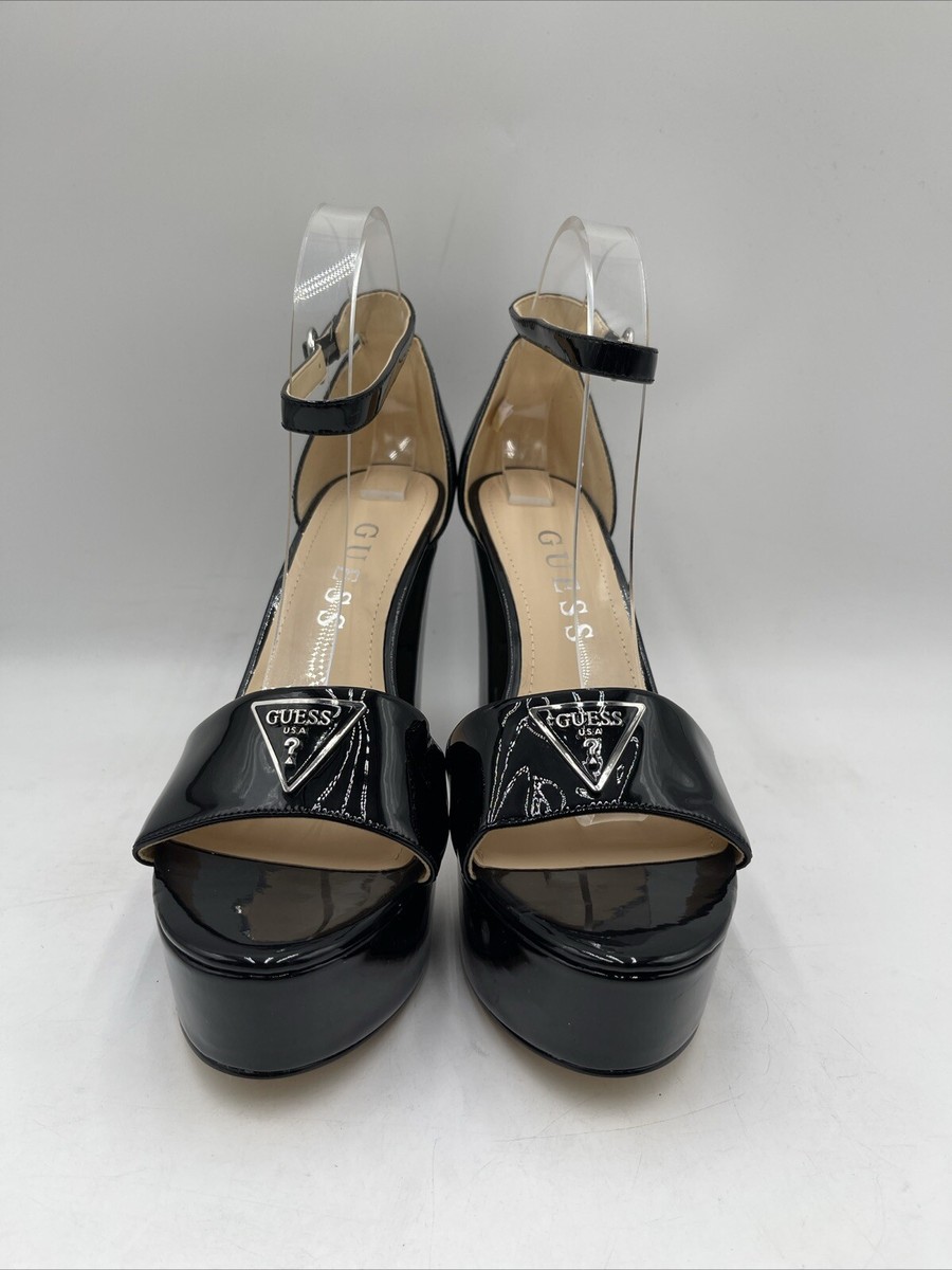 GUESS Women's Seton Heeled Platform Sandal - Jacquard Fabric With Signature Triangle Hardware, Ankle Strap