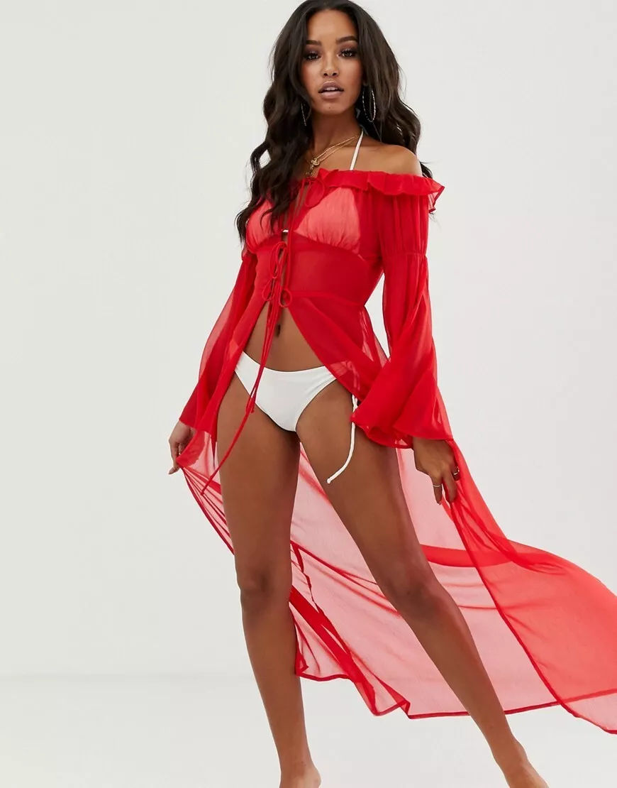 Asos Glam Red Tie Front Bell Sleeve Ruffle Kimono Beach Swim Up 4 NWT | eBay