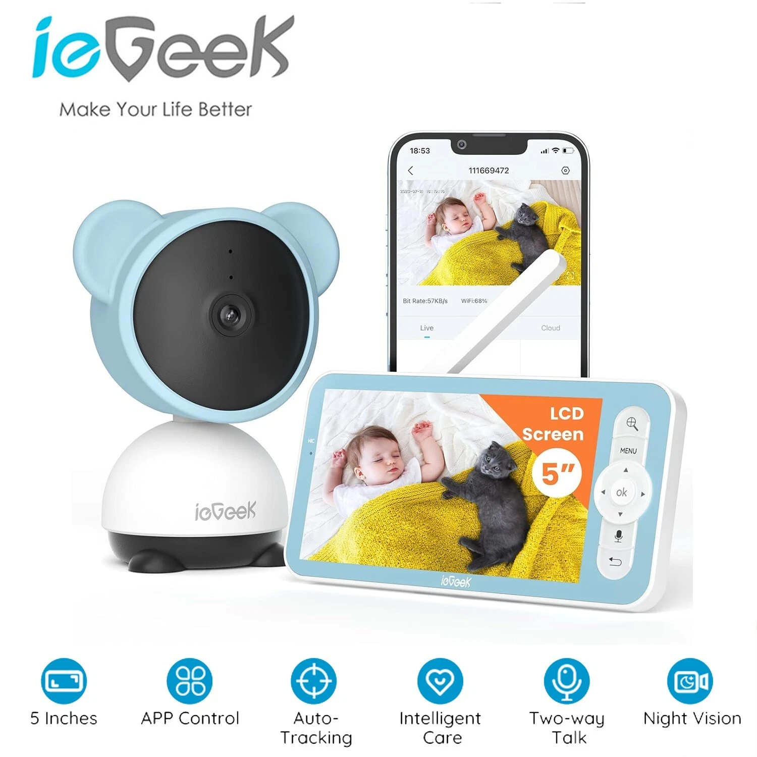 ieGeek 5'' Wifi Video Baby Monitor Camera and Audio ,Night Vision,2-Way Talk,PTZ