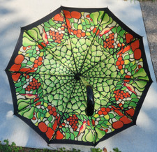 Vintage 30" Red Green Stained Glass 1969 Umbrella Parasol Wooden Handle