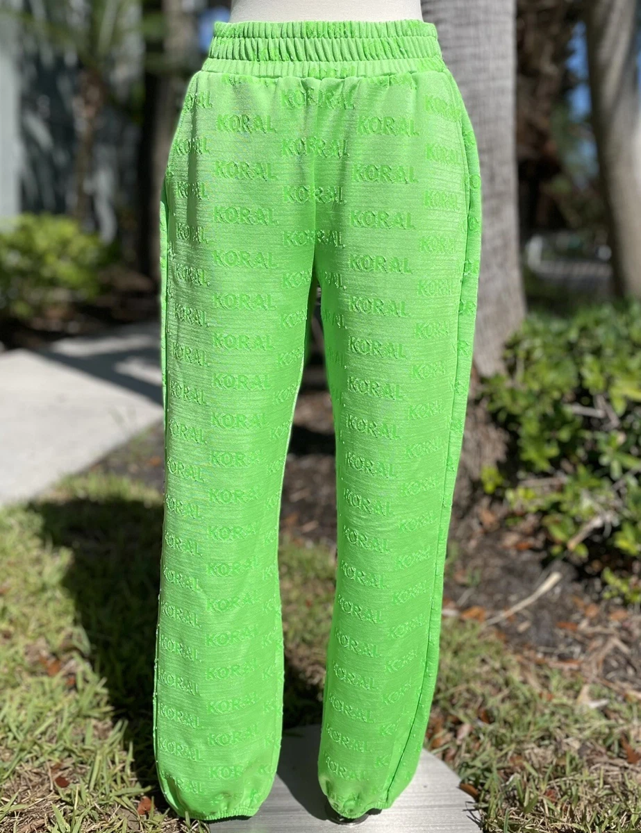 Koral Neon Green Logo Sweatpants Size S Aria Bermuda Grass Joggers Pockets Lined