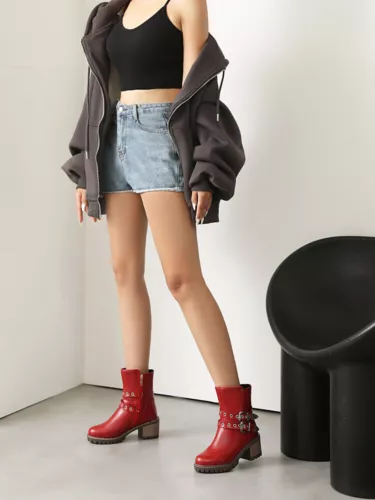 Women Booties Mid Chunky Heel Round Toe Zip Up Casual Buckle Fashion Ankle Boots - Bild 13 von 29