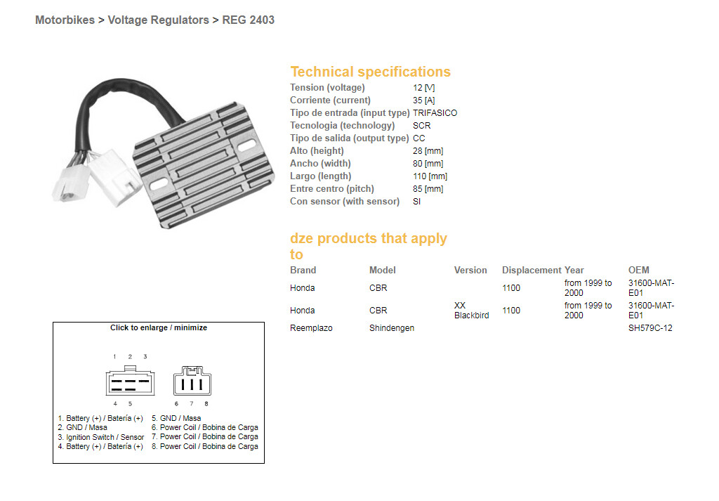 Régulateur de tension SH579C-12 résout les pannes batterie CBR1100XX
