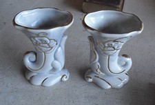 Set of 2 Vintage 1950s Horn Shaped Blue Ceramic Art Deco Vases 4 3/4" Tall