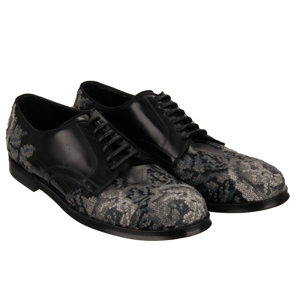 Zapatos Derby DOLCE & GABBANA Estilo Barroco Bordados Negro Gris Foto 2 de 4