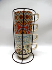4 Pier 1 Imports Nesting Stoneware Cups & Wire Holder w/ Floral Paisley Design
