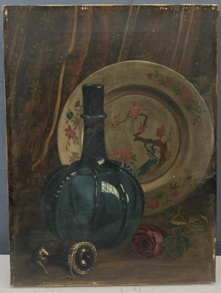 Tableau Ancien Huile Assiette Porcelaine Chine XVIIIe Bouteille Verre Bleu XIXe - Photo 3/4