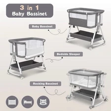 3 in 1 bassinet bedside Sleeper For Baby, Bedside Crib And Storage Basket Wheels