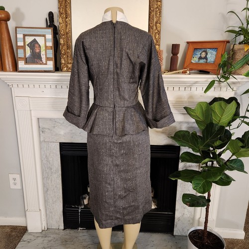 Vintage 80s Gray Pencil Peplum Dress 80s does 50s Marled Retro Size 12 - Picture 3 of 8