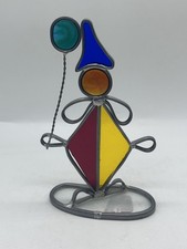 Clown w/ Balloons Stained Glass Window SunCatcher HandCrafted Vtg Red BlueYellow