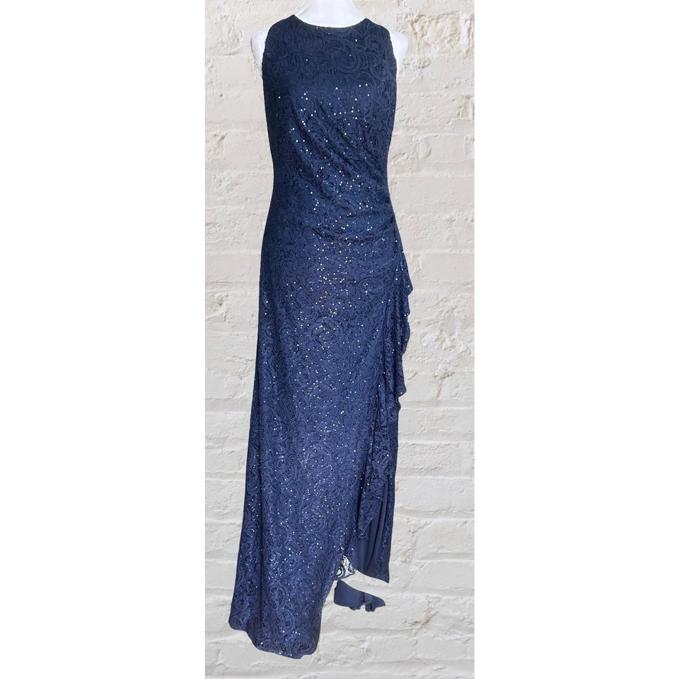 Alex Evenings Navy Sleeveless Lace Sequin Long Dress Gown Sz 14 Wedding Guest - Image 4 of 4
