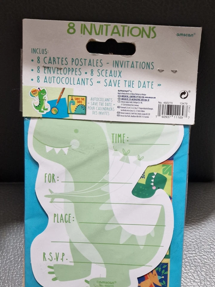 Amscan Dino Party 8-INVITATIONS and Envelopes Cards Save The Date Stickers New - Image 3 of 3