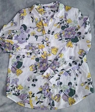 Liz Claiborne Linen Shirt Button-up Lily Floral Cottagecore Boho Spring  M