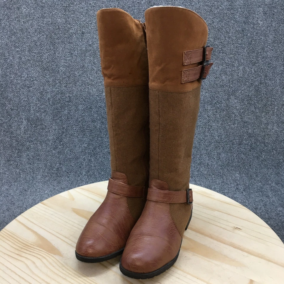 Anna Boots Mujer 9 Hasta la Rodilla Cremallera Lateral Bota de Montar Cuero Marrón Tacones Bajos Foto 3 de 4