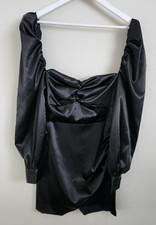 NB Avenue Black Puff Sleeved Satin Mini Dress Womens Size Medium M